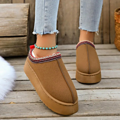 Warm women's slip-on mules, plush lining, ideal cozy comfort slippers for winter indoor outdoor.