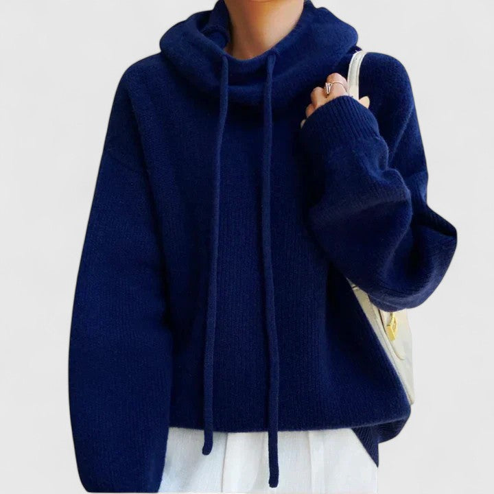 Fall fashion women's cozy pullover sweater with a drawstring cowl neck. Relaxed fit for comfortable layering.