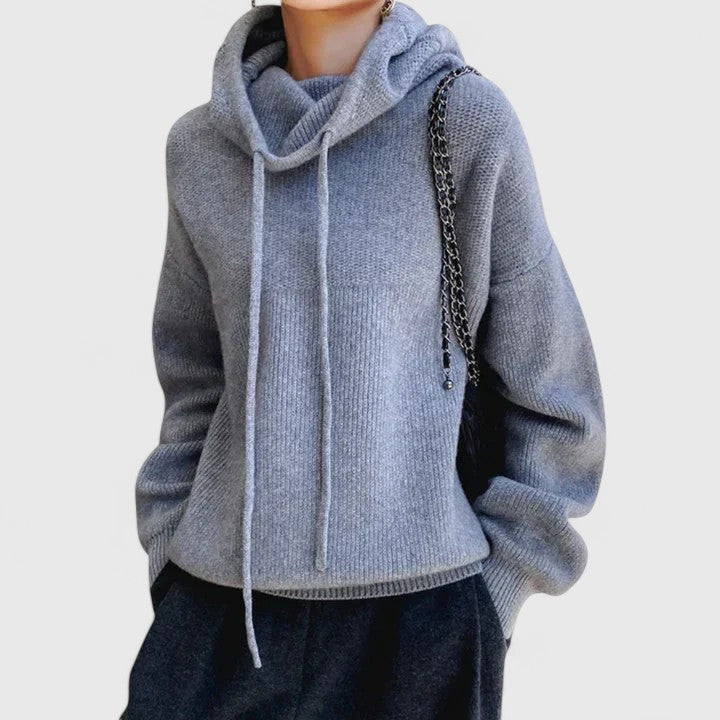 Versatile women's casual sweater: a cozy knit pullover with a drawstring cowl neck and relaxed fit for daily comfort.