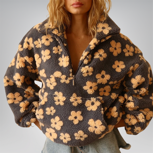 Women's cozy floral sherpa fleece pullover. Warm & stylish winter top, perfect for fall apparel.