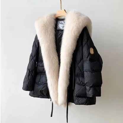 Women's cozy fur collar jacket for winter. Stylish warm outerwear, perfect for fall fashion.