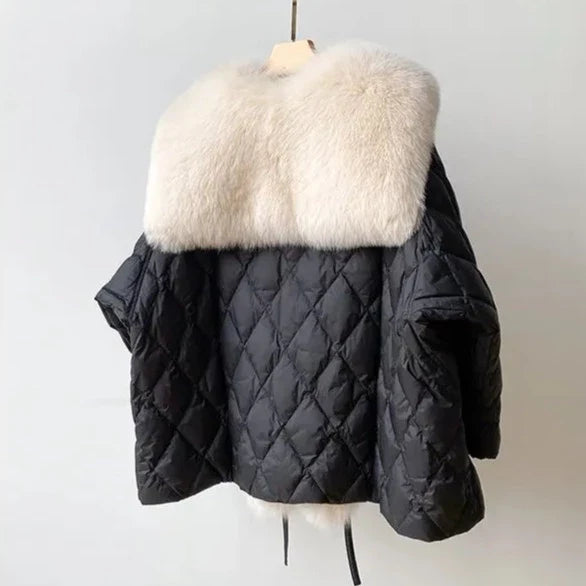 Cozy women's black fur collar jacket. Warm winter outerwear, perfect for stylish fall & winter fashion.
