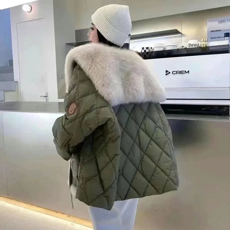 Warm & stylish women's fur collar jacket. Cozy winter coat, essential outerwear for cold weather.
