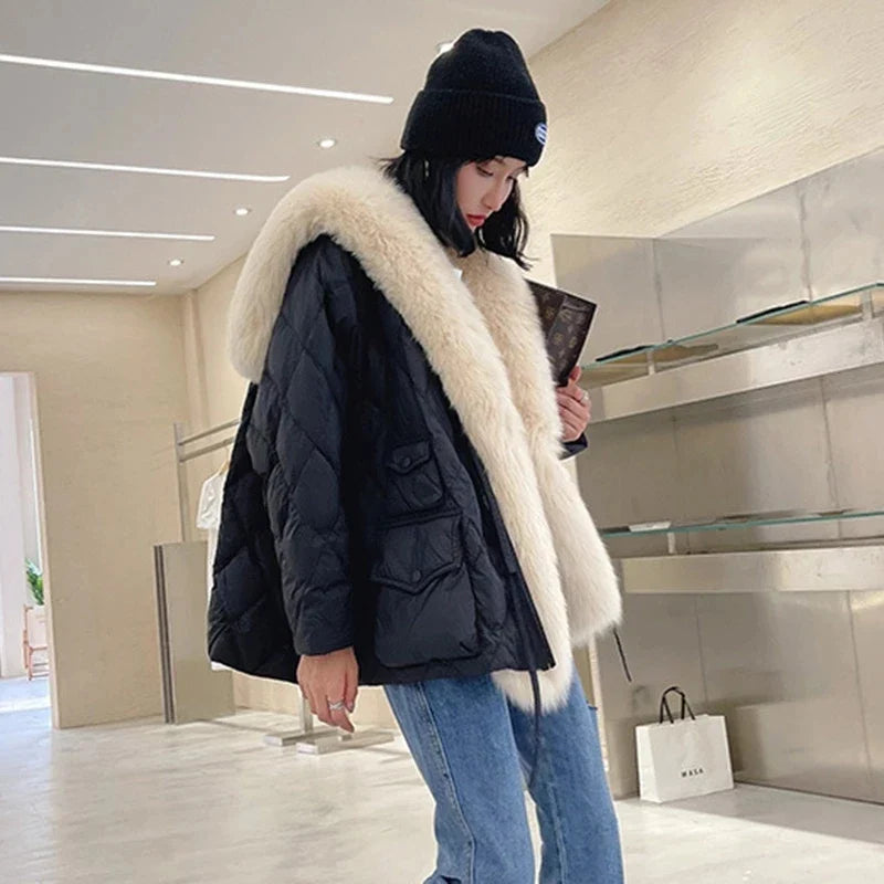 Cozy women's fur collar winter jacket. Stylish & warm outerwear, great for fall fashion outfits.