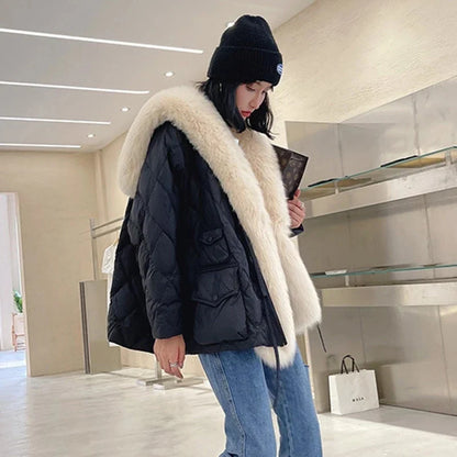 Cozy women's fur collar winter jacket. Stylish & warm outerwear, great for fall fashion outfits.