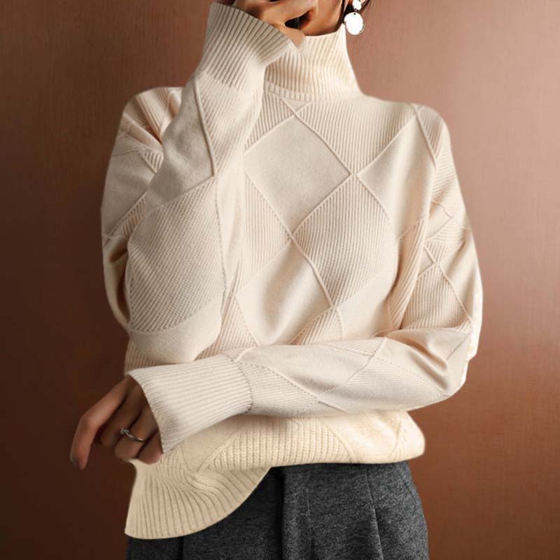 Soft knit women's high-neck pullover sweater, ideal for comfortable fall & winter outfits.