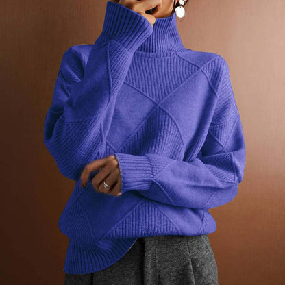 Stylish women's high-neck knit sweater in a casual pullover design, great for fall fashion.