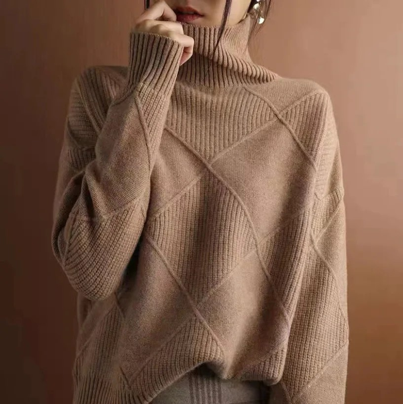 Women's casual high-neck sweater, a cozy pullover ideal for fall outfits & winter fashion.