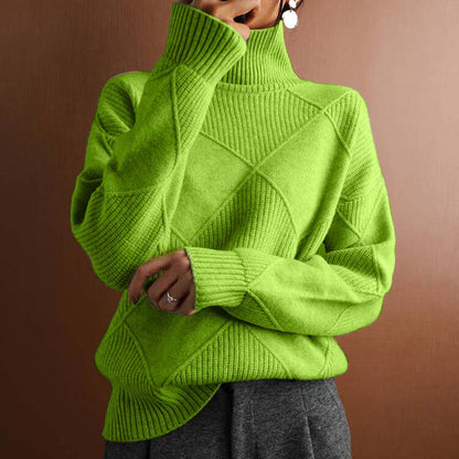 Textured women's high-neck sweater, a cozy knit pullover for stylish winter comfort.