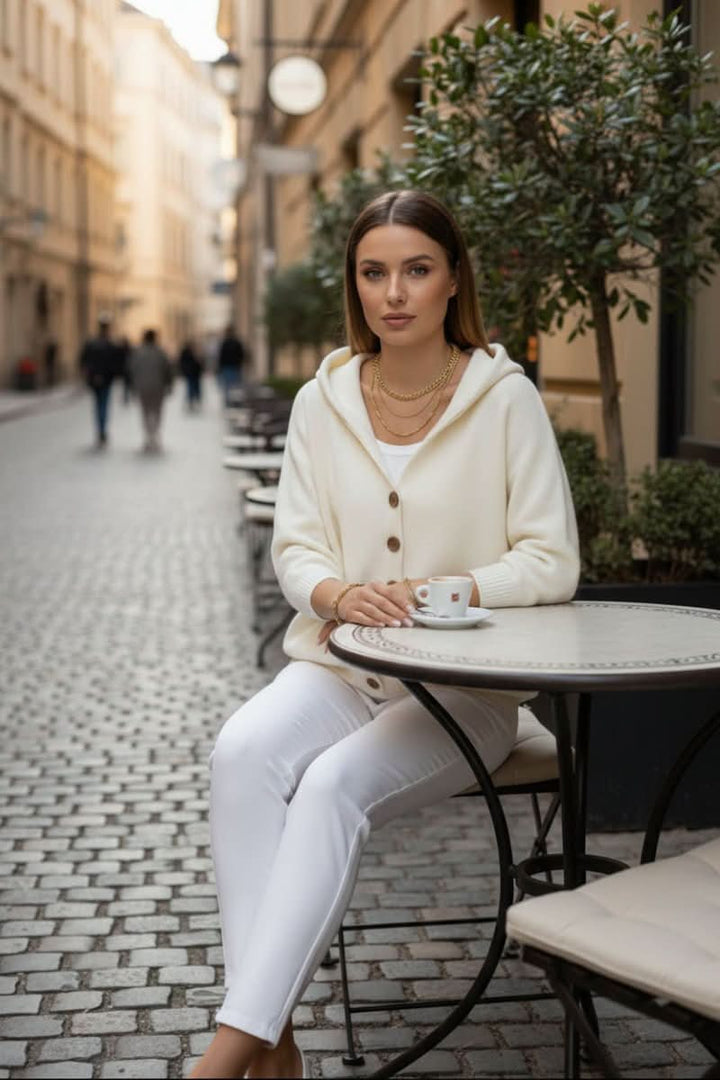 Effortless women's hooded cardigan sweater, ideal for cozy layering and versatile everyday wear.