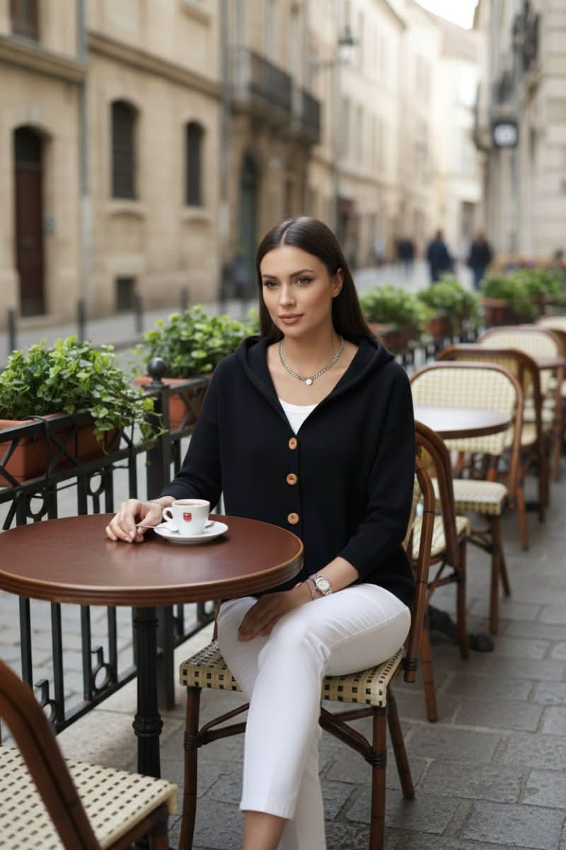 Cozy women's long sleeve hooded cardigan, perfect for casual layering and relaxed everyday comfort.