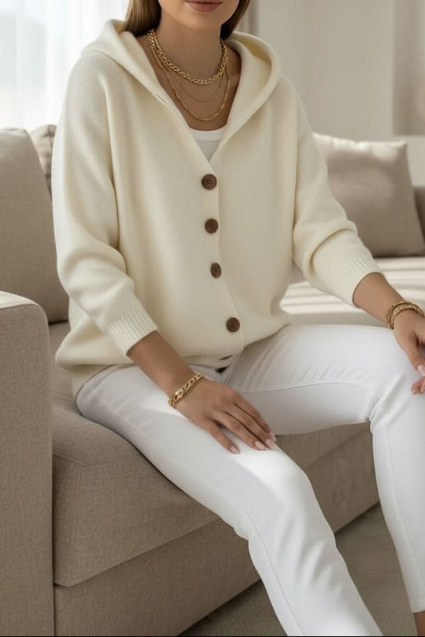 Relaxed fit women's hooded cardigan, a cozy knit sweater for everyday style and easy layering.