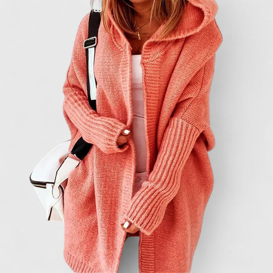 Women's cozy hooded open-front cardigan, oversized, knee-length, perfect for casual wear & fall layering.