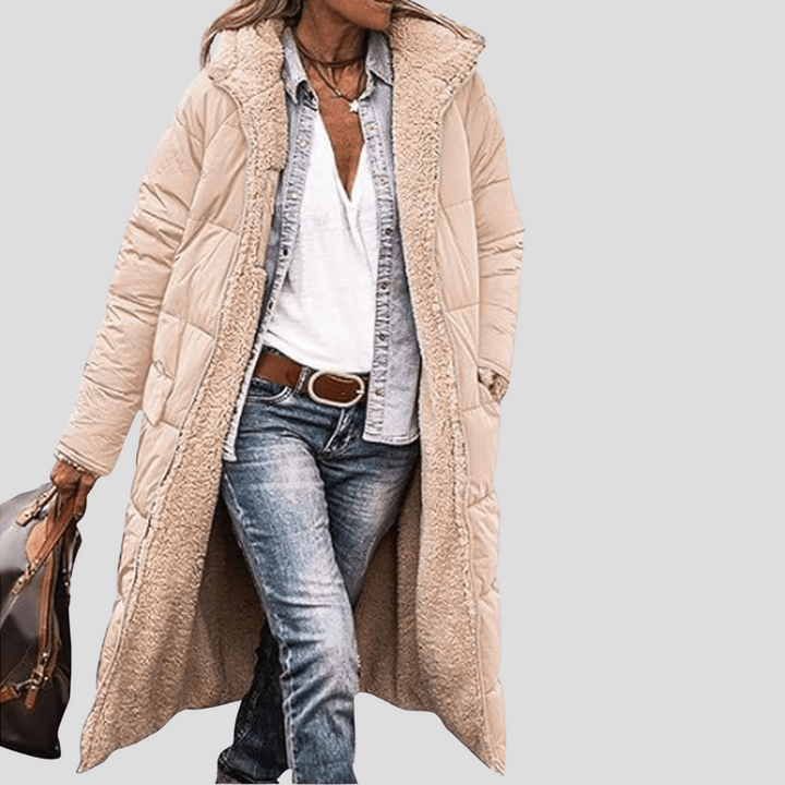 Women's reversible hooded winter coat, warm and cozy outerwear for everyday cold weather adventures.