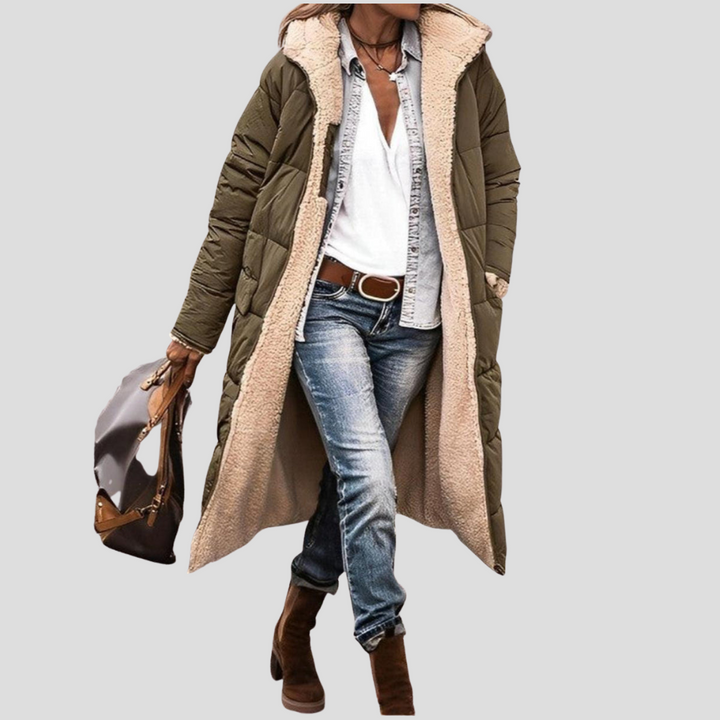Soft, cozy women's hooded reversible winter coat, essential warm outerwear for chilly days.