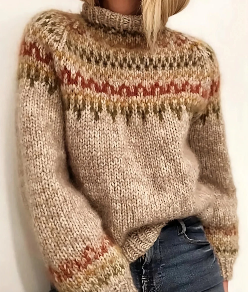 Stylish women's Icelandic wool turtleneck sweater for winter. Cozy, warm knitwear offering comfort in cold weather.