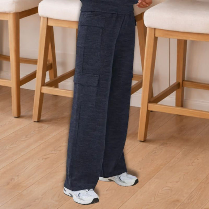 Warm women's knit lounge ensemble featuring a comfortable hoodie and chic wide-leg pants.