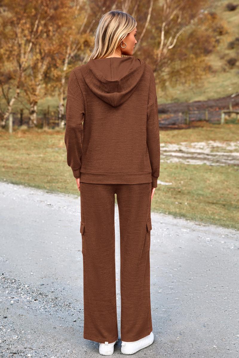 Comfortable women's two-piece knit loungewear set with a relaxed hoodie and stylish wide-leg pants.