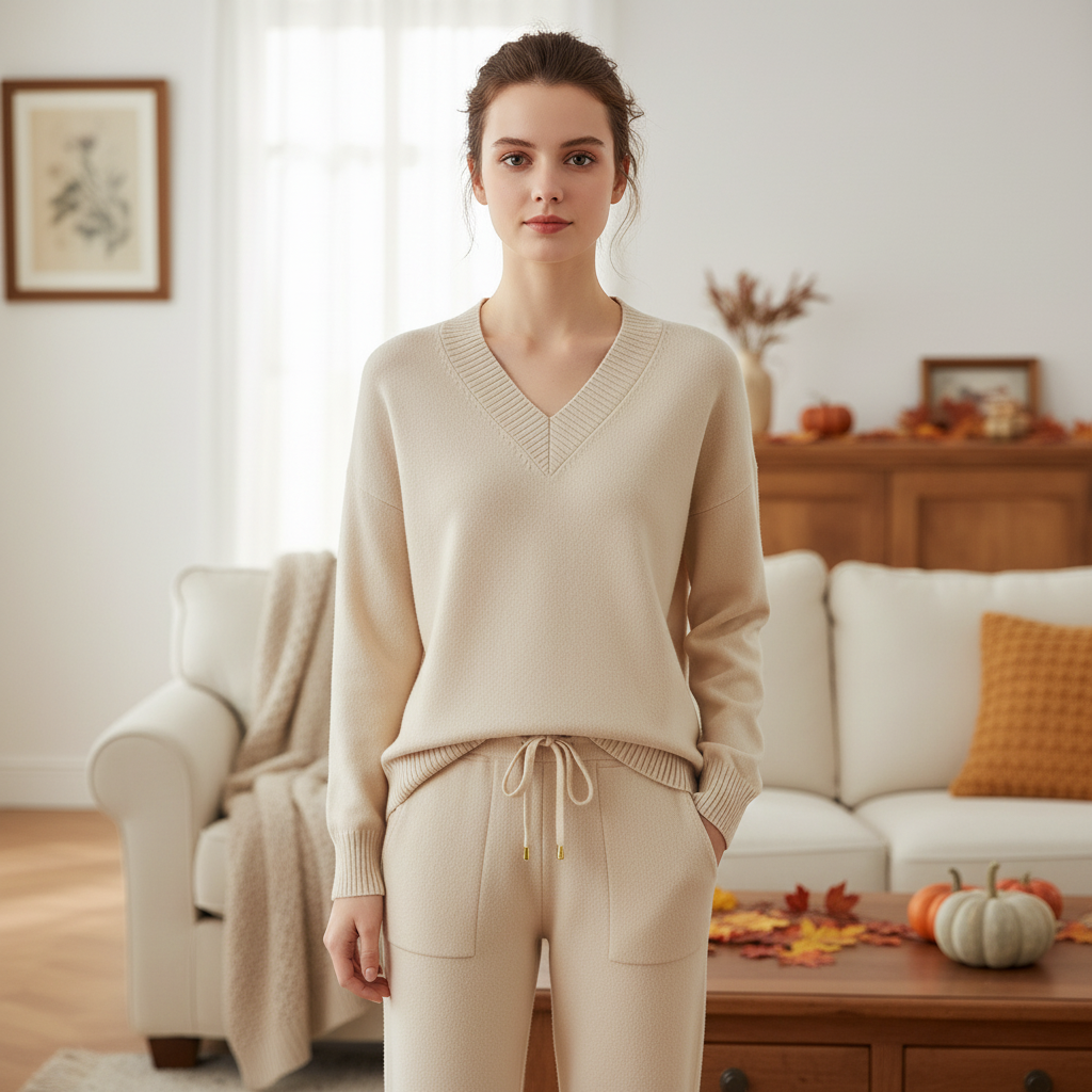 Women's cozy knit two-piece outfit, perfect for autumn & winter loungewear and casual comfort.