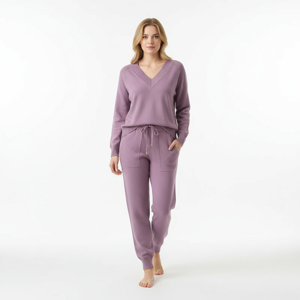 Women's cozy knit two-piece set, a comfortable v-neck sweater and trousers for autumn winter days.