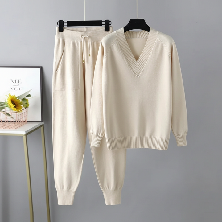 Cozy women's knit two-piece outfit, ideal for winter fashion and stylish comfort loungewear.
