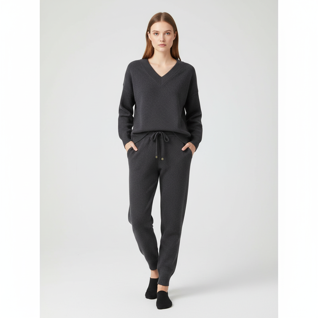 Autumn winter women's knit loungewear set: a comfy v-neck sweater & soft matching casual pants.