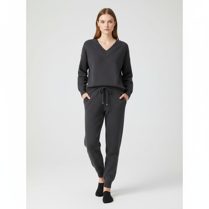 Autumn winter women's knit loungewear set: a comfy v-neck sweater & soft matching casual pants.