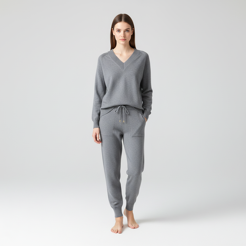 Alicia women's cozy knit two-piece set, offering stylish comfort for autumn & winter loungewear.