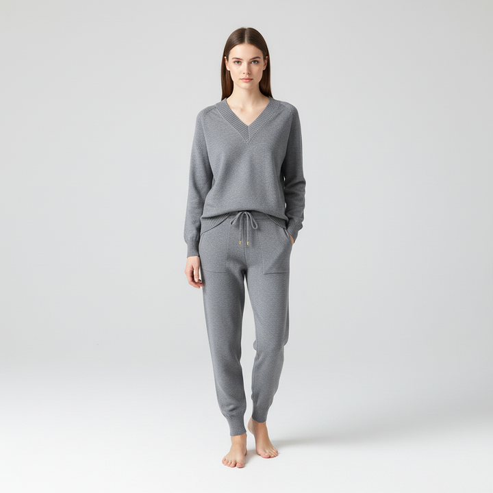 Alicia women's cozy knit two-piece set, offering stylish comfort for autumn & winter loungewear.
