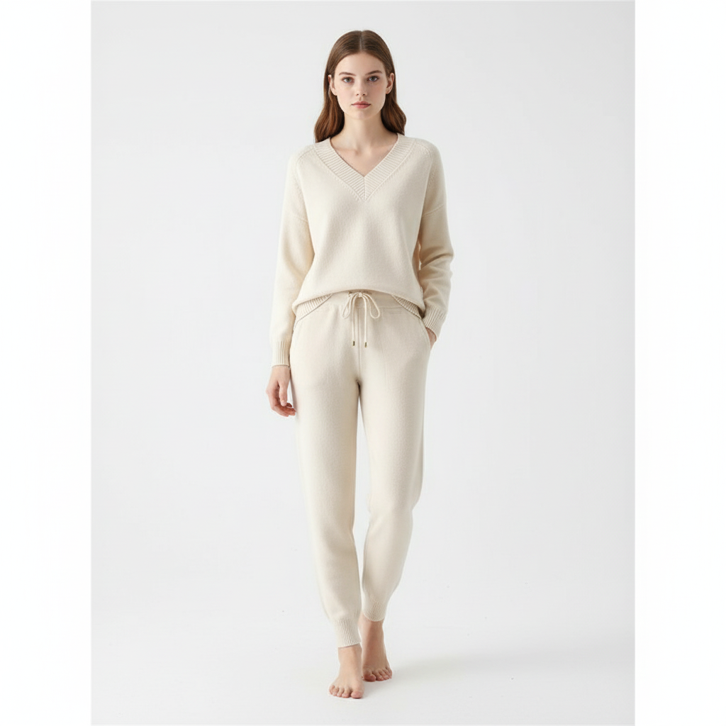 Women's warm knit two-piece outfit for cold weather, a stylish and cozy autumn winter fashion staple.