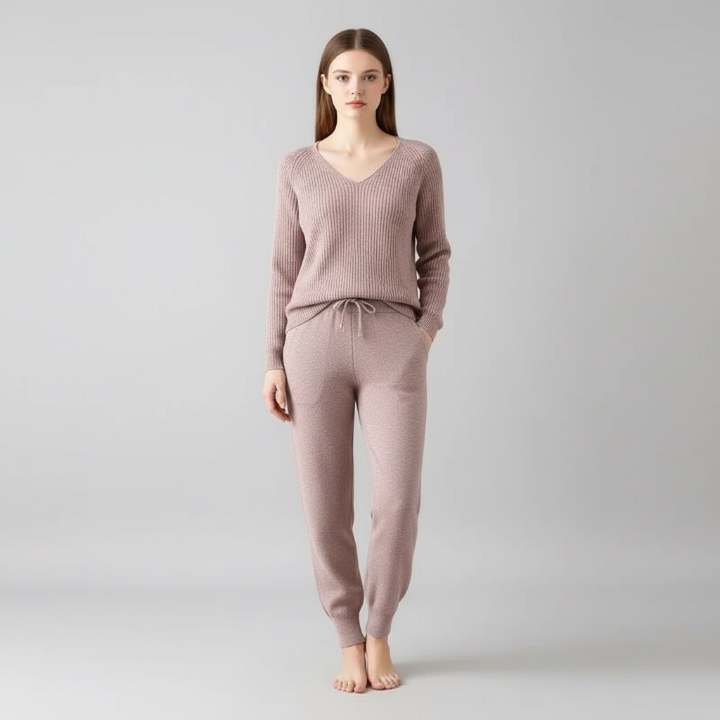 Cozy women's two-piece knit loungewear for autumn & winter, perfect for relaxed casual wear.