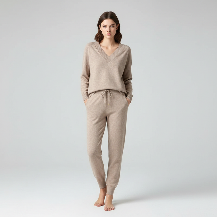 Stylish women's knit two-piece outfit, versatile for autumn fashion, winter loungewear, and casual comfort.