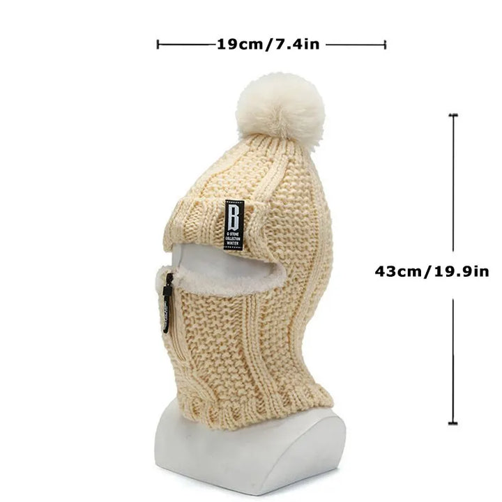 Elegant women's knitted balaclava with pompom, a versatile winter hat and headwear, ideal for gifting.