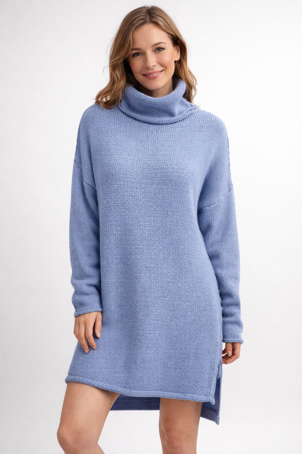 Women's cozy long knit turtleneck sweater in a versatile color, perfect for elegant fall & winter fashion.