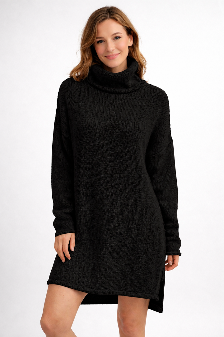 Stylish women's warm turtleneck knit long sweater, ideal for casual everyday wear in fall and winter.