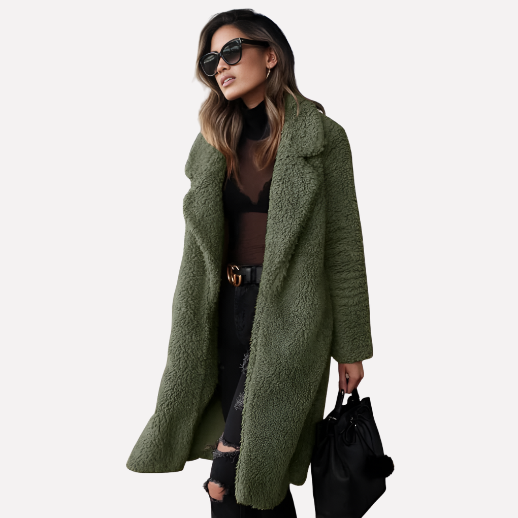 Women's cozy longline teddy coat in a soft beige, perfect for winter warmth & fall fashion.