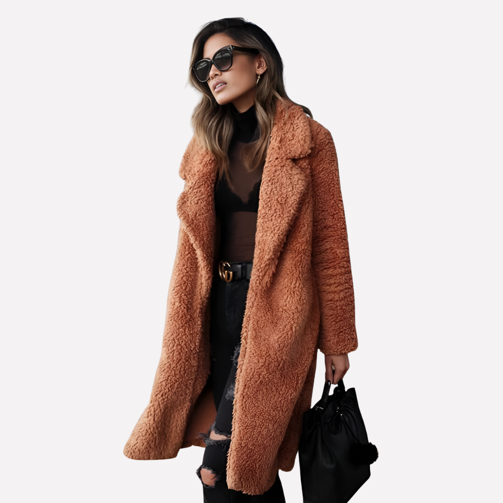 Elegant women's longline teddy coat with a chic notched collar, ideal for stylish winter outerwear.