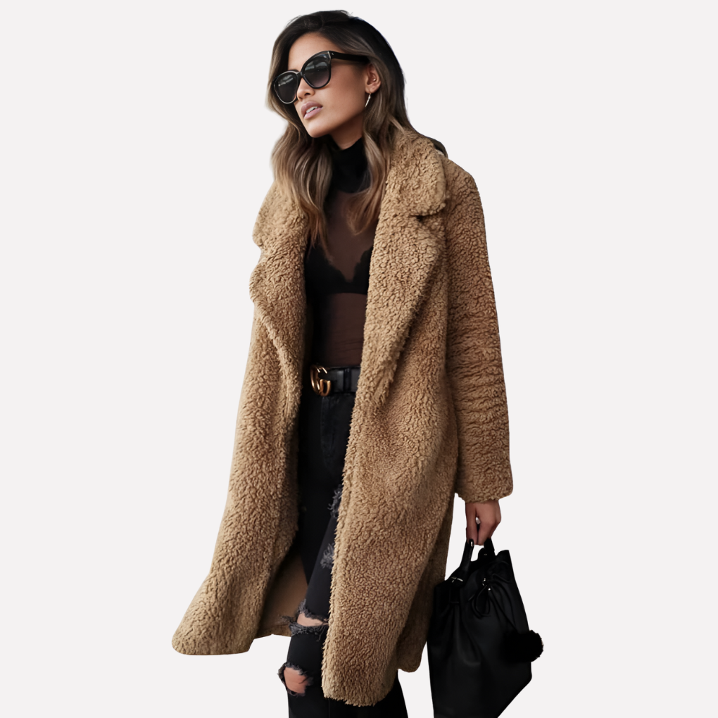 Plush women's oversized teddy coat, a warm longline jacket for cozy fall & winter fashion.