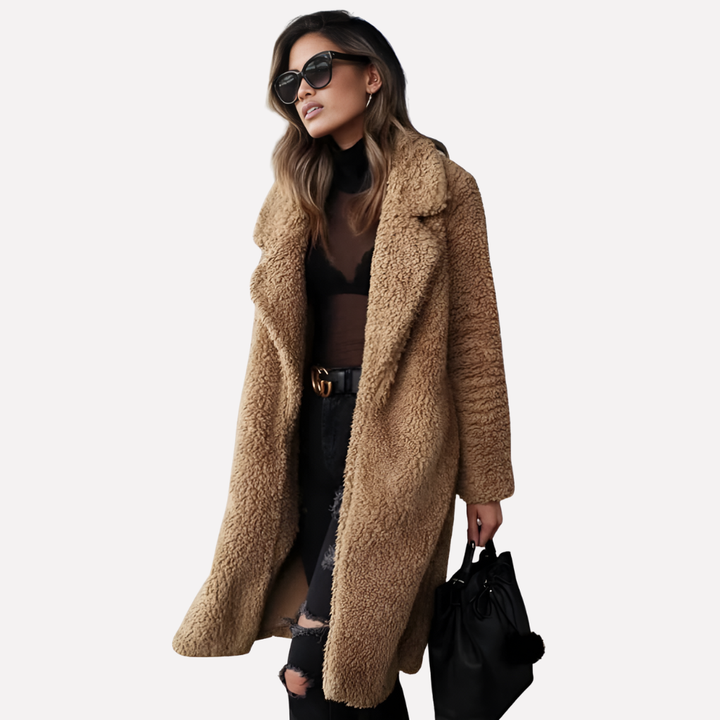 Plush women's oversized teddy coat, a warm longline jacket for cozy fall & winter fashion.