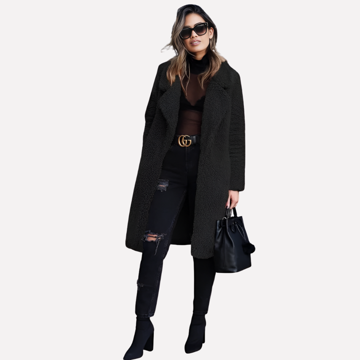 Warm women's longline teddy jacket, an essential winter coat with a sophisticated notched collar.
