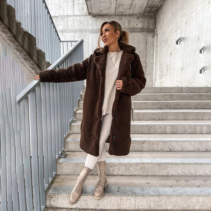 Soft teddy fabric longline coat for women. Cozy & warm, perfect casual outerwear for fall & winter.