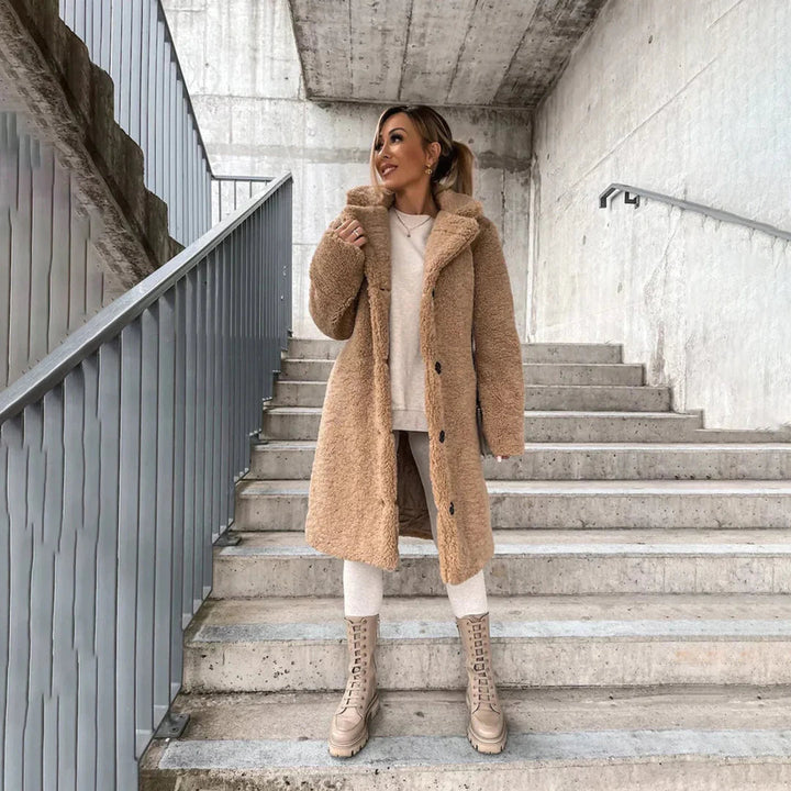 Comfortable women's longline teddy coat. Fuzzy, warm outerwear for stylish casual fall & winter looks.