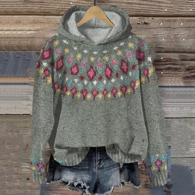Women's cozy Nordic hoodie pullover with Scandinavian pattern for winter warmth & casual fall fashion.