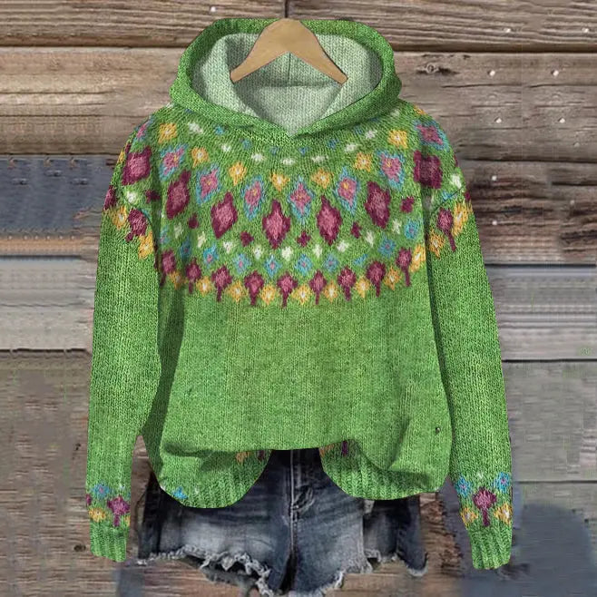 Relaxed fit women's warm Nordic hooded sweatshirt. Perfect cozy pullover for winter, fall, & everyday comfort.