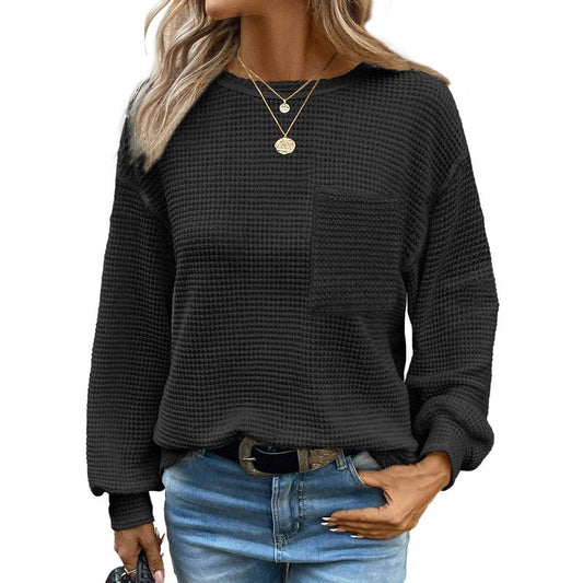 Women's cozy oversized long sleeve crewneck blouse, perfect for casual elegance & everyday wear in fall/winter.