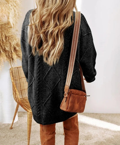 Women's relaxed fit sweater dress, cozy winter fashion, long sleeve & ribbed for style.