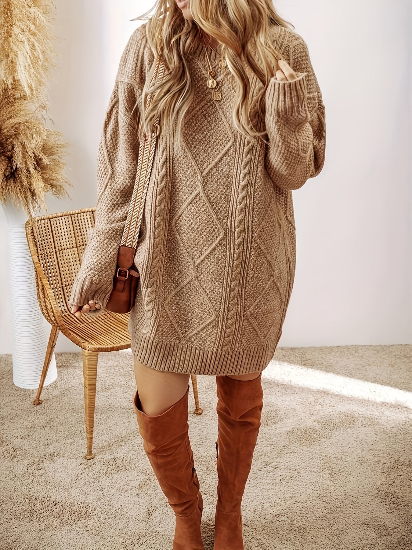 Casual long sleeve sweater dress for women, super cozy relaxed fit, ideal winter fashion.