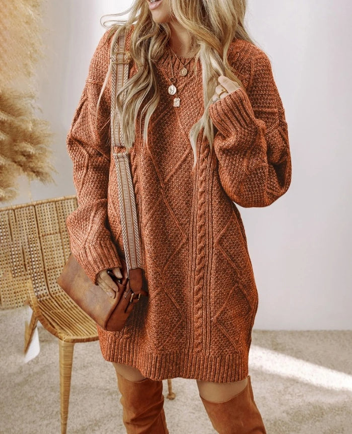 Cozy women's long sleeve sweater dress, relaxed fit, versatile for casual or dressed-up looks.