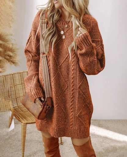 Cozy women's long sleeve sweater dress, relaxed fit, versatile for casual or dressed-up looks.