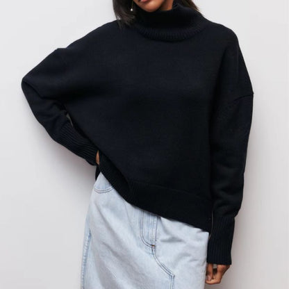Stylish women's oversized turtleneck pullover, a versatile piece for fall fashion and cozy layering.